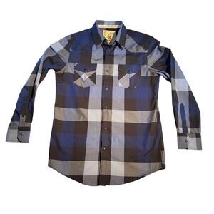 Coastal Metal Pearl Snap Button Shirt Men Medium Blue Check Pockets Surf Western